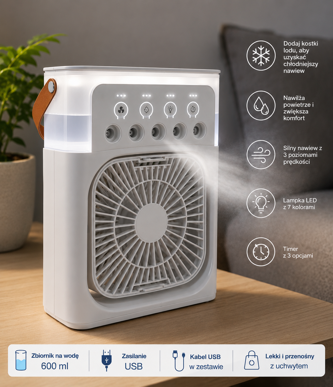 ❄️ Przenośna Klimatyzacja Powietrza 3 w 1 USB – Wentylator, Nawilżacz i Lampka LED