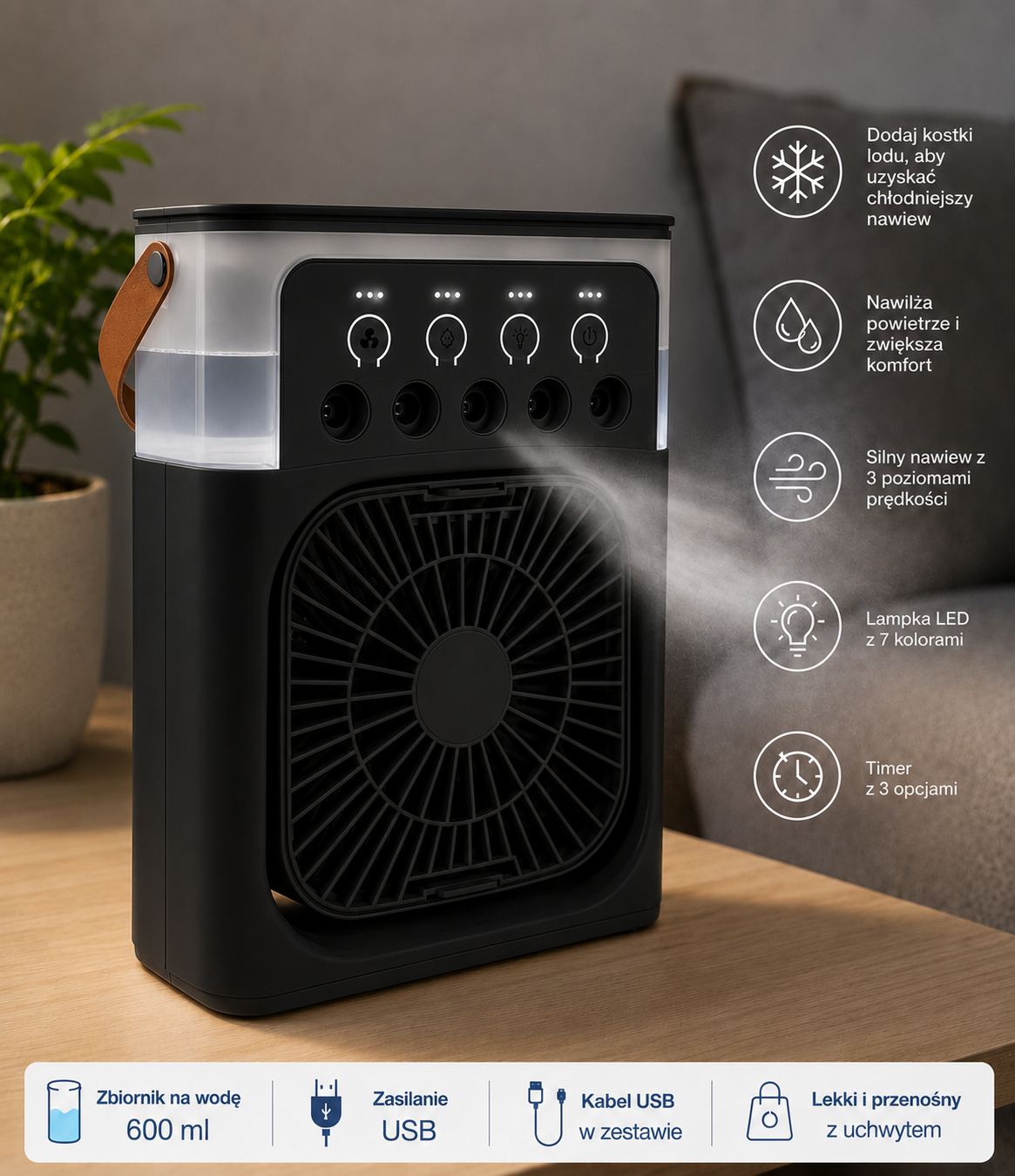 ❄️ Przenośna Klimatyzacja Powietrza 3 w 1 USB – Wentylator, Nawilżacz i Lampka LED